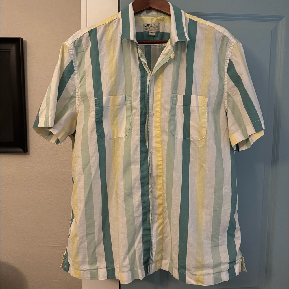 J Crew
XL
Short sleeve
Camp collar
White, green, mint, and yellow stripe